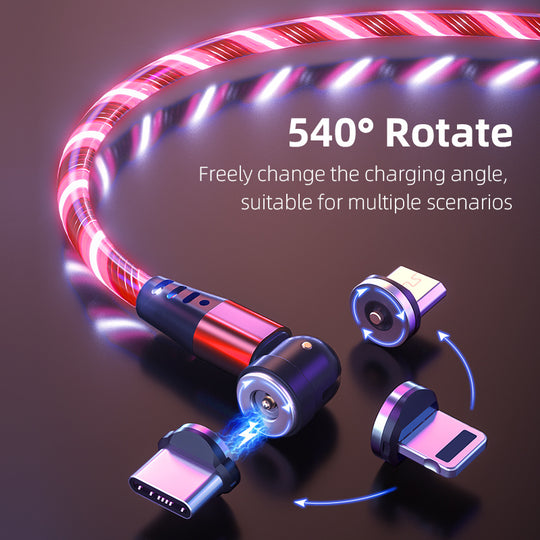 540 Rotate Luminous Magnetic Cable 3A Carregamento rápido Cabo de carregamento de celular para LED Micro USB Tipo C para cabo de iPhone