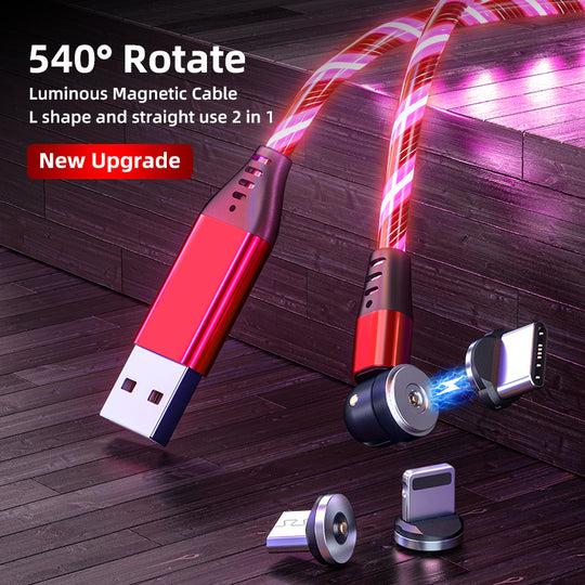 540 Rotate Luminous Magnetic Cable 3A Carregamento rápido Cabo de carregamento de celular para LED Micro USB Tipo C para cabo de iPhone