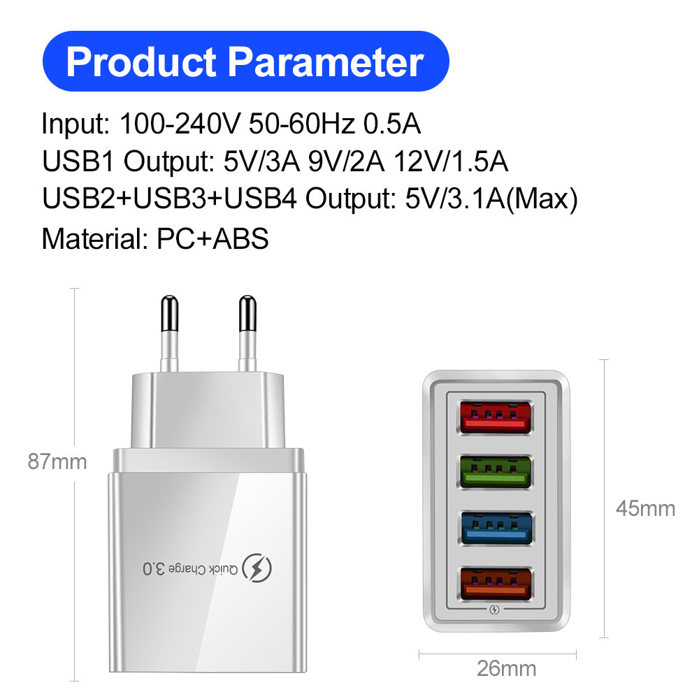 Carregador USB Quick Charge 3.0 4 Adaptador de telefone para tablet Carregador de parede portátil Carregador rápido para celular